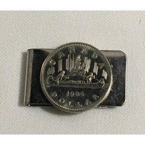 Canadian Nickel Dollar Money Clip 1986 Canoe Silver Tone Stainless Steel Clip